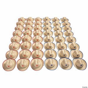 Apparel & Accessories |  22″ Bulk 48 Pc. Kids Blue & Red Star Straw Cowboy Hats with Chin Cord Apparel & Accessories Apparel & Accessories