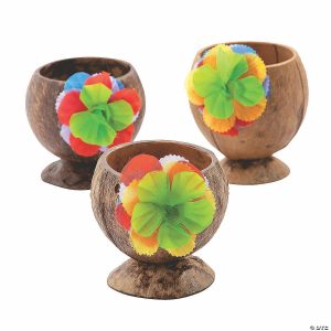 Party Decorations |  4 1/2″ Decorative Natural Coconut Cups with Flower – 12 Ct. Party Decorations Party Decorations