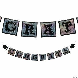 Party Decorations |  9 Ft. Silver Holographic Congrats Graduation Ready-to-Hang Foil Outdoor Garland Party Decorations Party Decorations