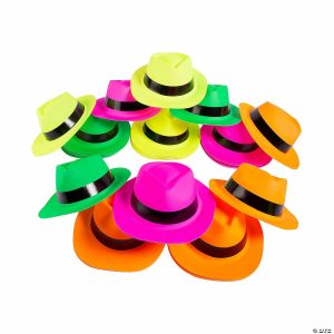 Party Favors |  22″ Bulk 48 Pc. Bright Neon Plastic Fedora Hats with Black Band Apparel & Accessories Apparel & Accessories