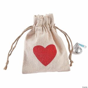 Party Favors |  3 1/2″ x 4 3 4″ Mini Heart Canvas Drawstring Treat Bags – 12 Pc. Party Favors Party Favors