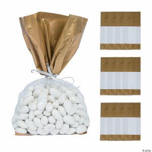 Party Favors |  5″ x 2 1 2″ x 11″ Medium Gold Banded Cellophane Bags – 12 Pc. Party Favors Party Favors