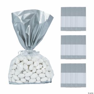 Party Favors |  5″ x 2 1 2″ x 11″ Medium Silver Banded Cellophane Bags – 12 Pc. Party Favors Party Favors