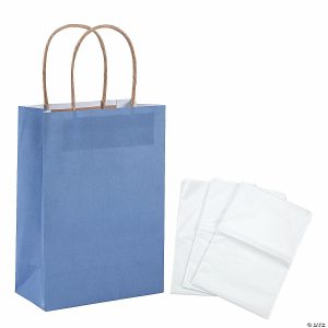 Party Favors |  6 1/2″ x 9″ Medium Dusty Blue Kraft Paper Gift Bags & White Tissue Paper Kit for 12 Party Favors Party Favors