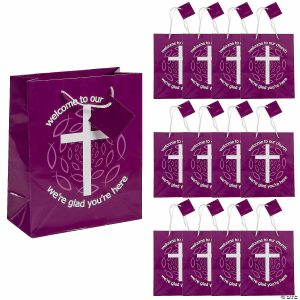 Party Favors |  7 1/2″ x 9″ Bulk 96 Pc. Medium Purple Welcome to Our Church Paper Gift Bags with Tags Party Favors Party Favors