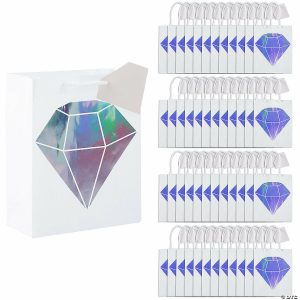 Party Favors |  7 1/4″ x 9″ Bulk 48 Pc. Medium Iridescent Diamond Gift Bags with Tags Party Favors Party Favors